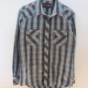 Rock & Roll Cowboy Pearl Snap Turquoise Black Plaid Long Sleeve Men's Medium